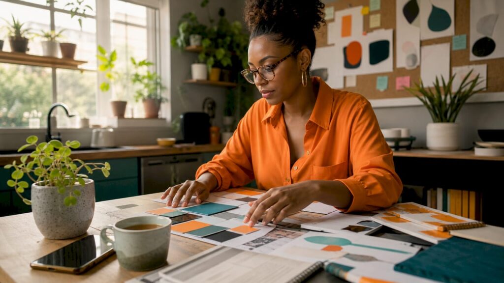 Woman organizing multi-channel brand materials