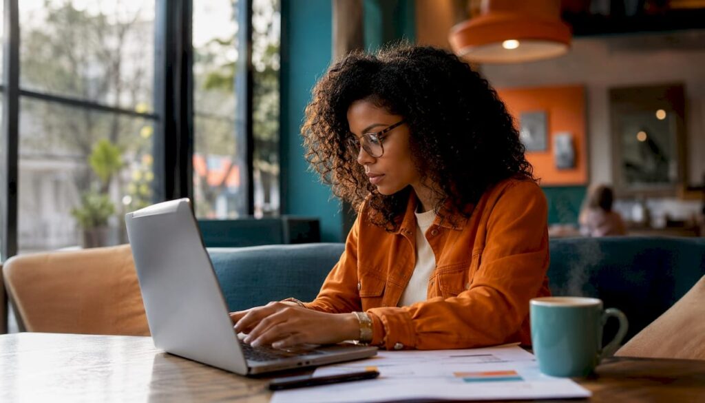 Email marketing professional working at office desk
