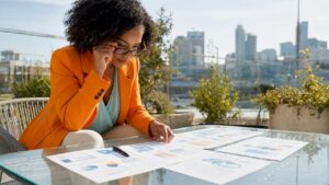 Marketing strategist reviewing healthcare documents