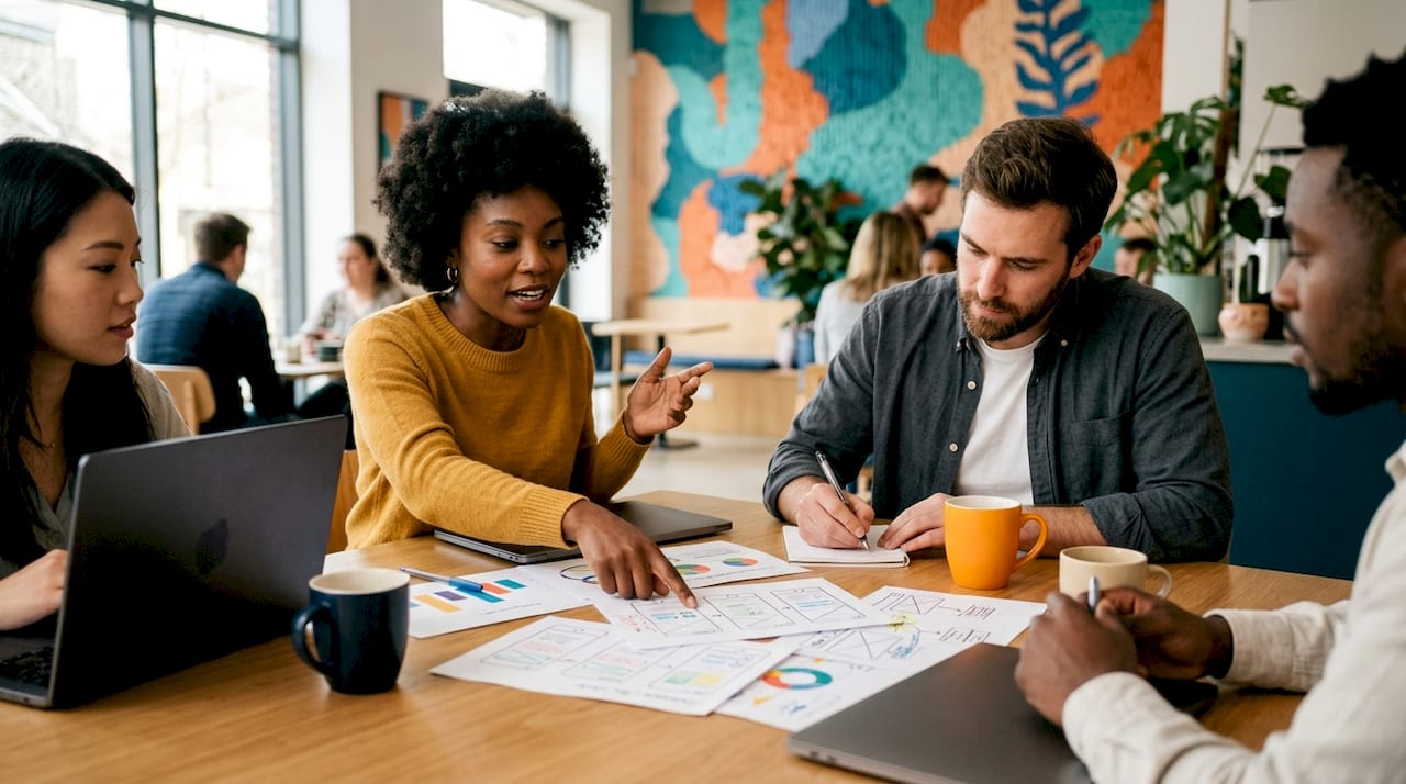 Diverse team collaborating on healthcare marketing