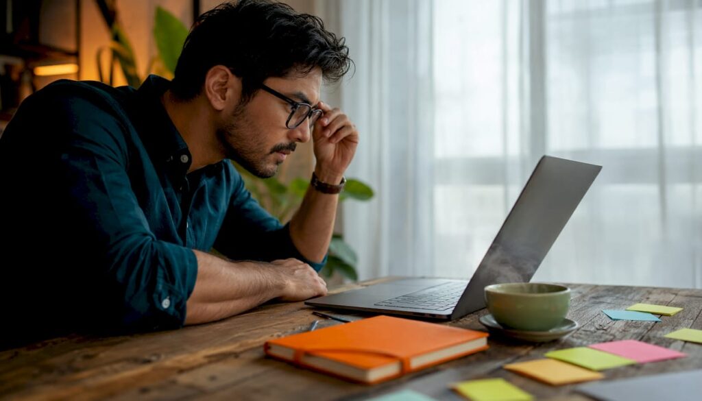 Marketing analyst reviewing dashboard metrics at office desk