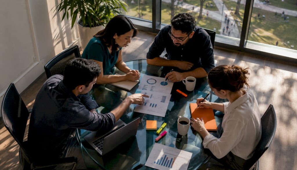 Marketing team discussing SEO reports