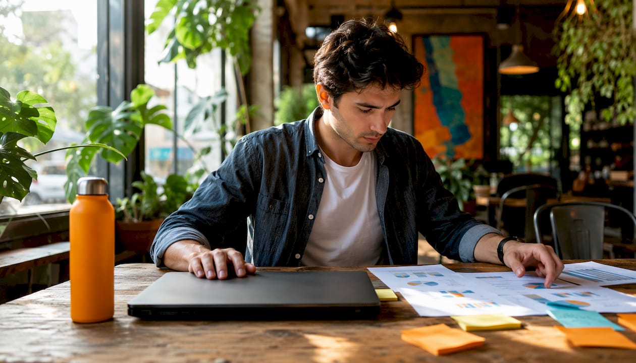SEO analyst multitasking with data sheets