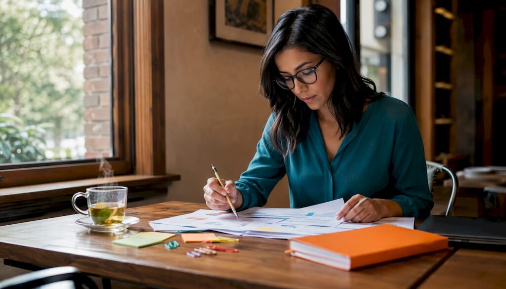 Healthcare marketer reviewing SEO strategy documents