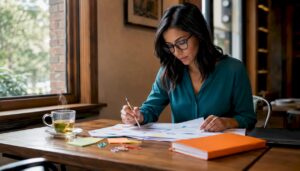 Healthcare marketer reviewing SEO strategy documents