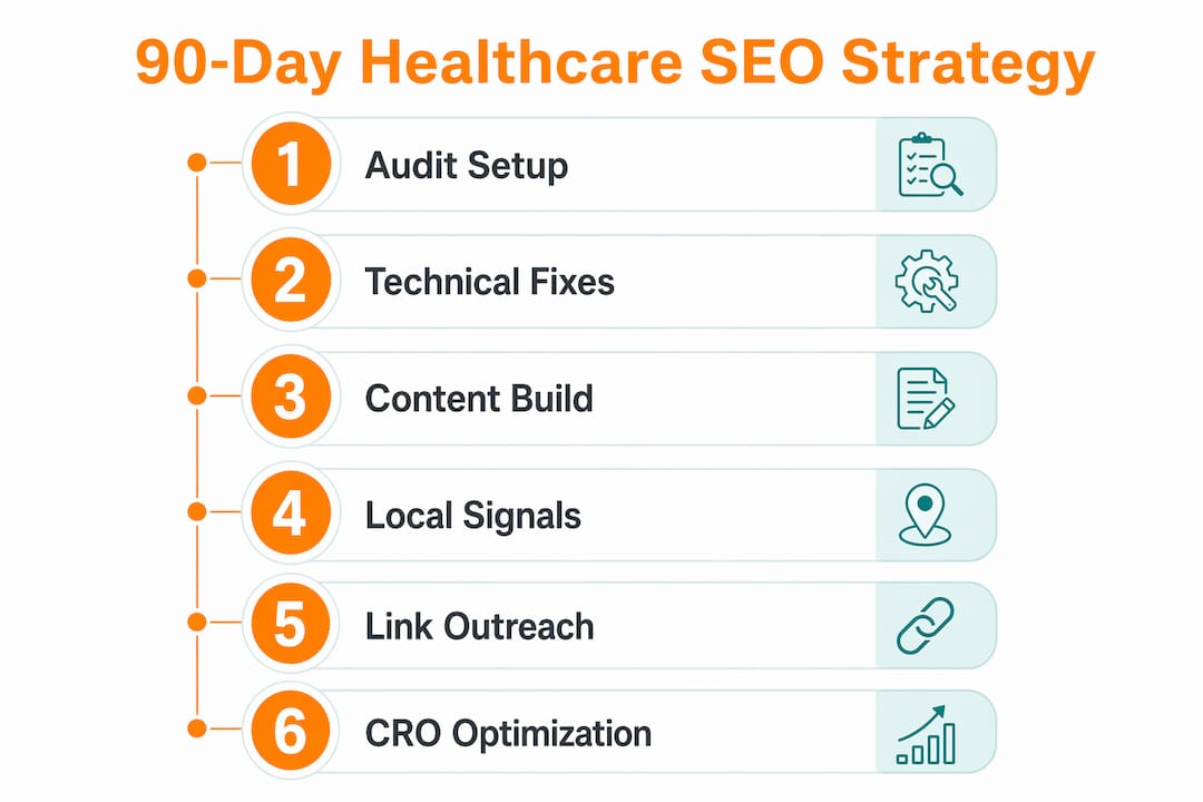 Infographic showing 90-day healthcare SEO strategy steps