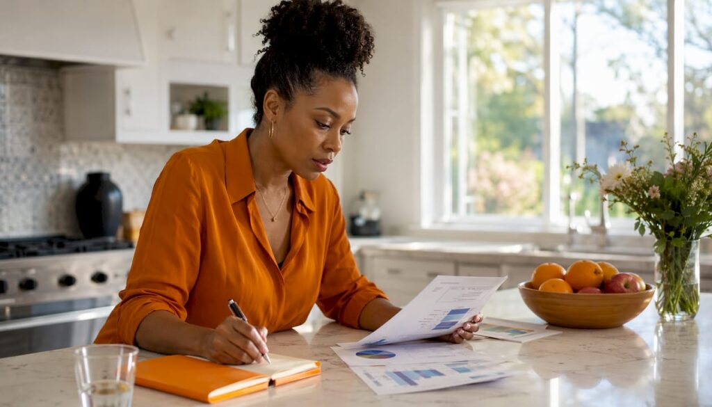Marketing manager reviewing ROI reports at home desk