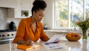Marketing manager reviewing ROI reports at home desk