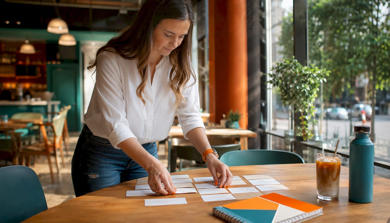 Hands organizing brand messaging component cards