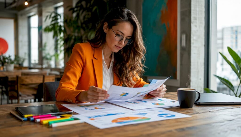 Marketing analyst reviewing printed attribution reports