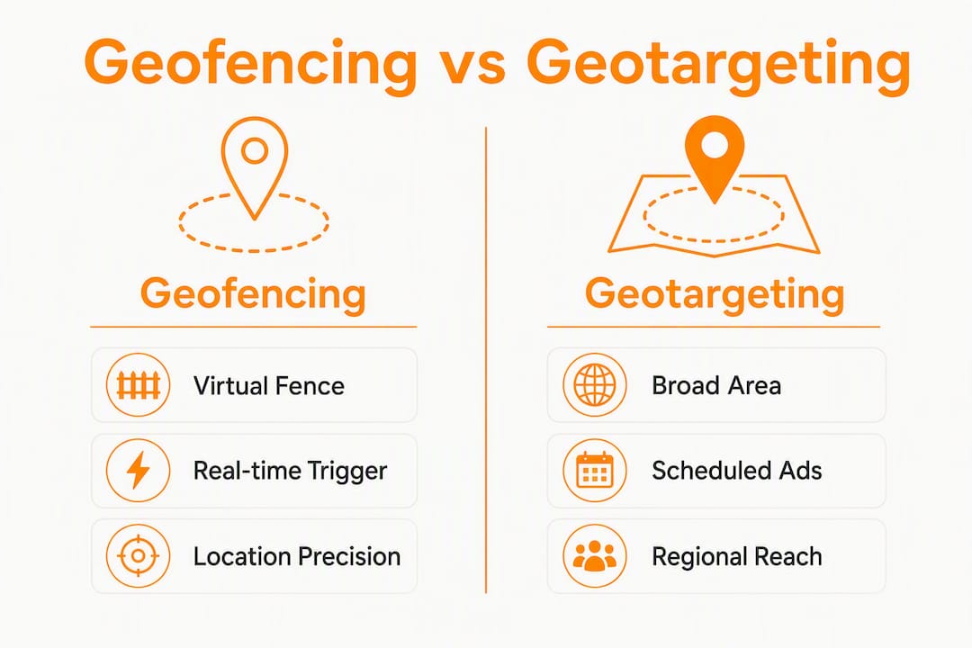 Infographic comparing geofencing and geotargeting features