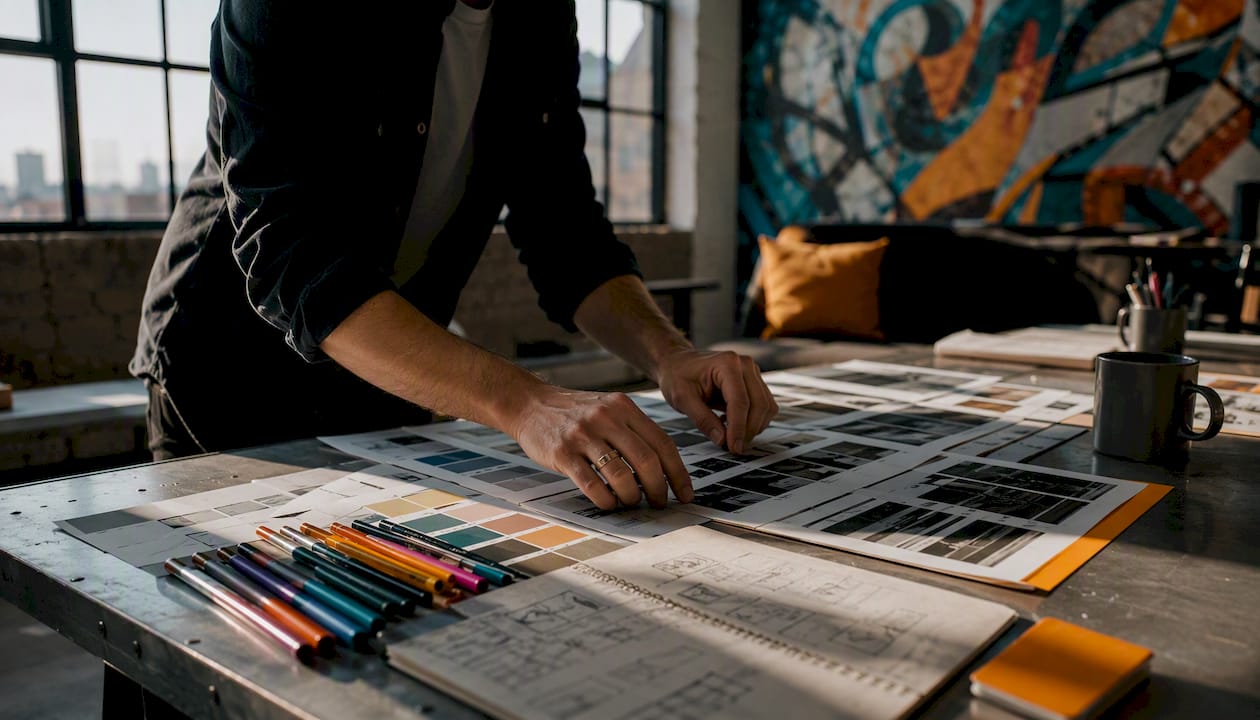 Hands arranging CTV ad creative storyboards