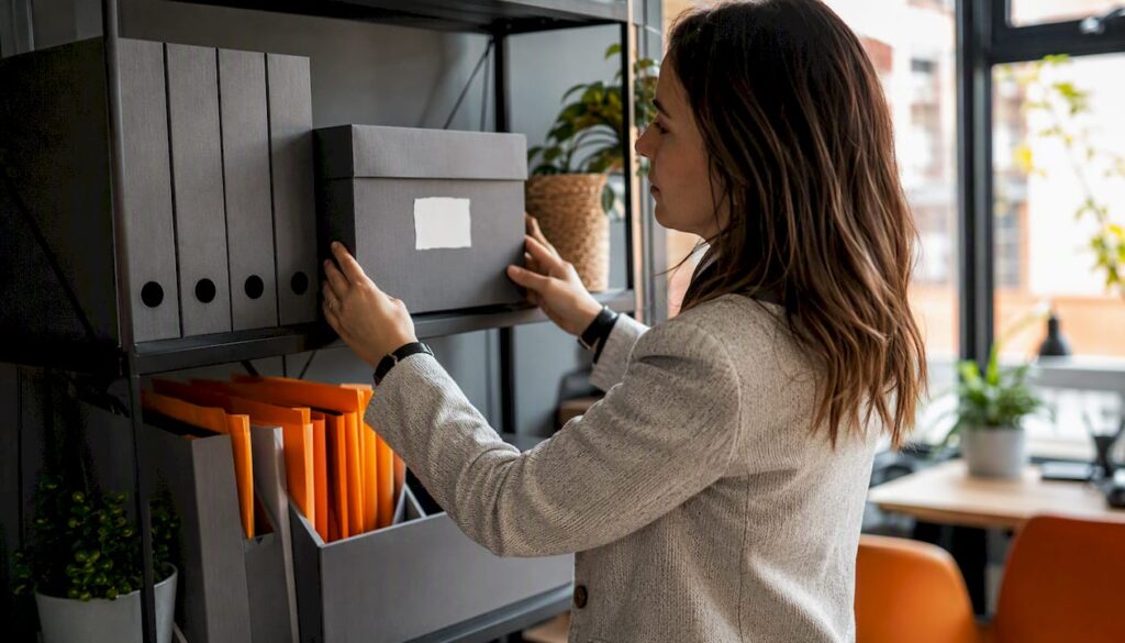 Hands organizing asset folders in office