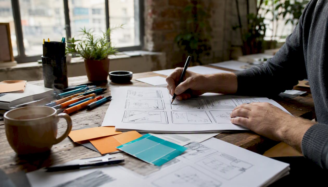 Hands sketching brand storyboards on desk