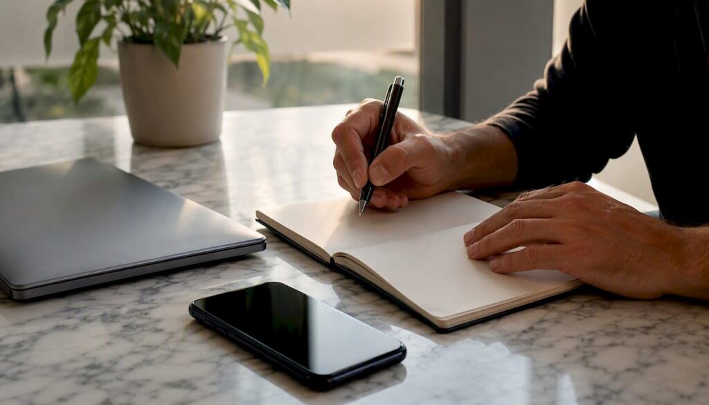 Hands planning Google Ads campaign on workspace