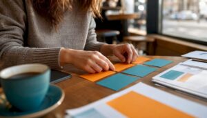 Hands arranging marketing content outlines