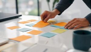 Hands arranging marketing strategy cards