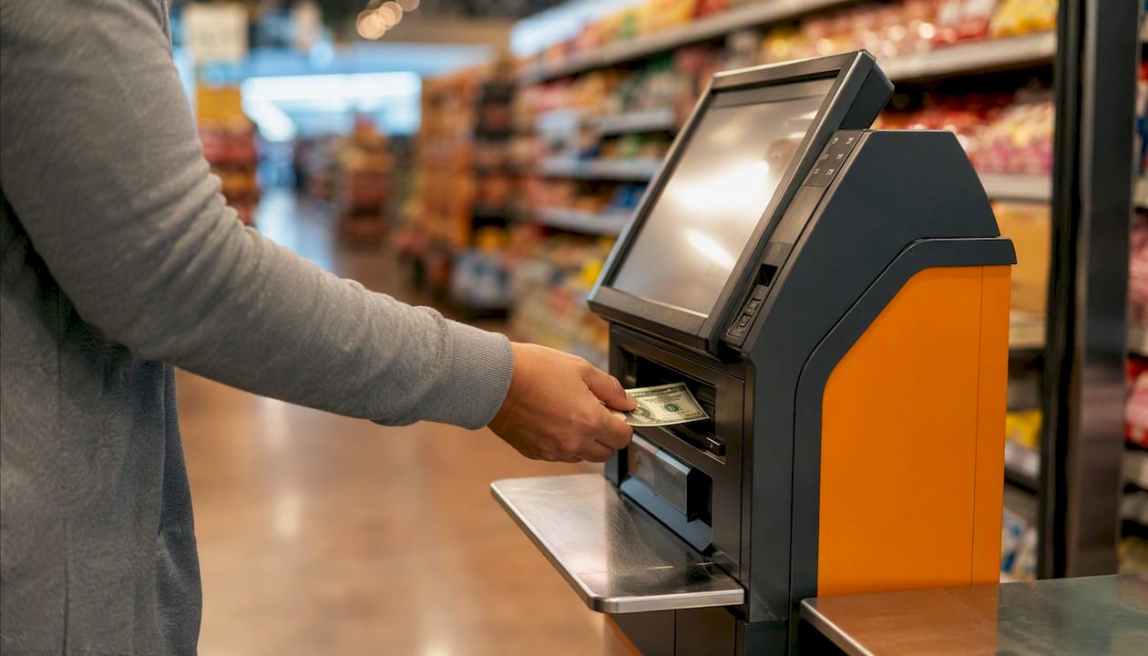 Hand swiping card at self-checkout kiosk