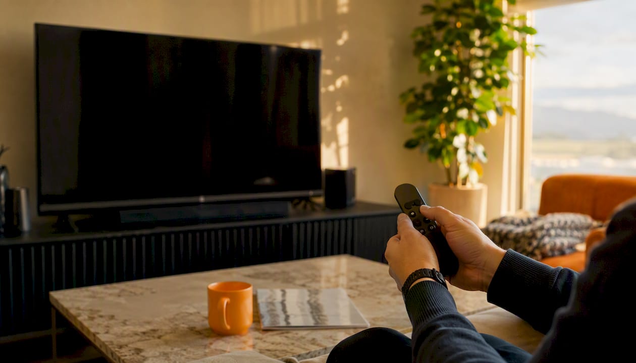 Hands holding remote next to TV in living room