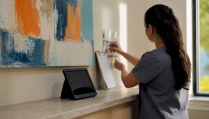 Healthcare office reception with tablet and badge rack