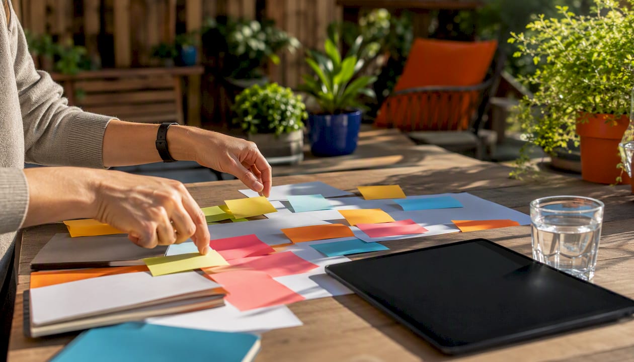 Hands reviewing marketing analytics on printed charts