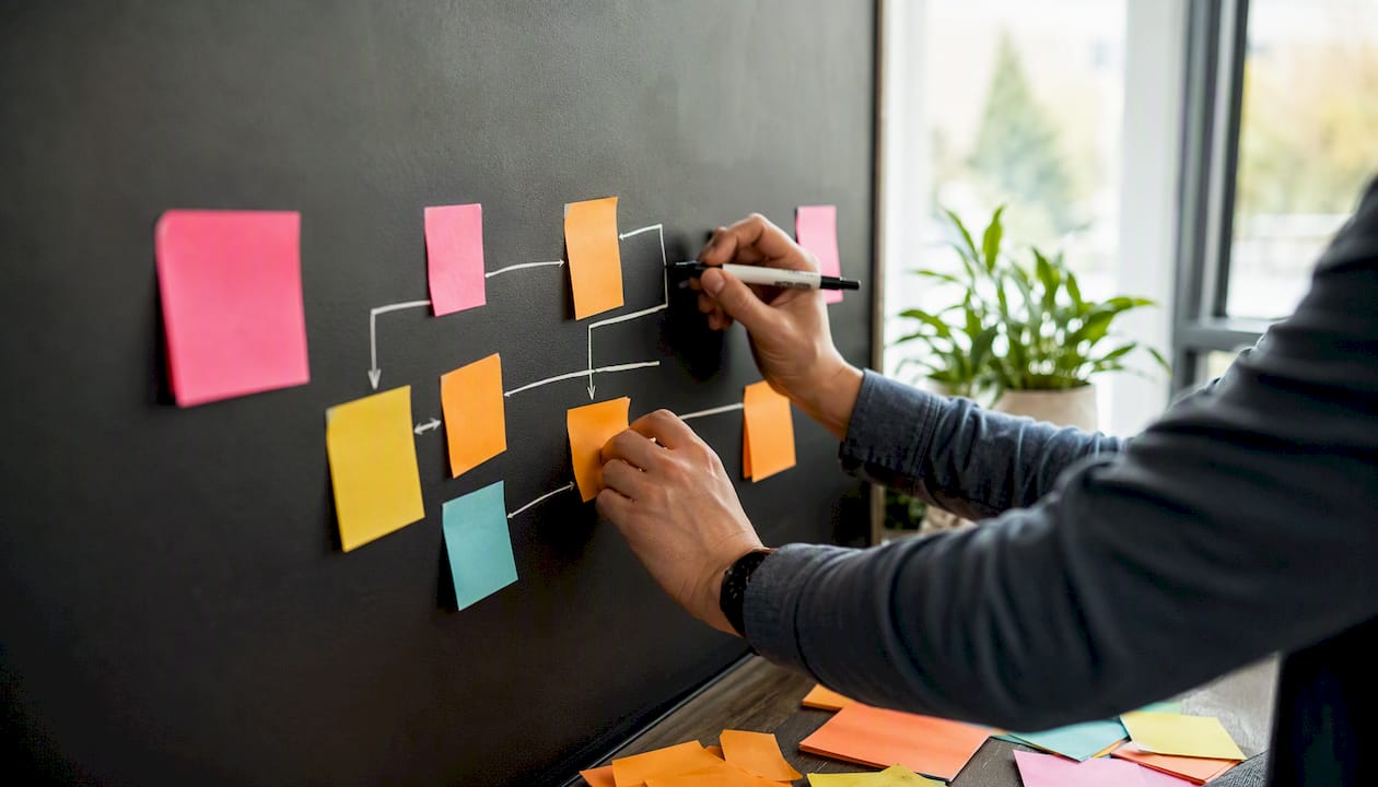 Hands organizing sticky notes for service recovery