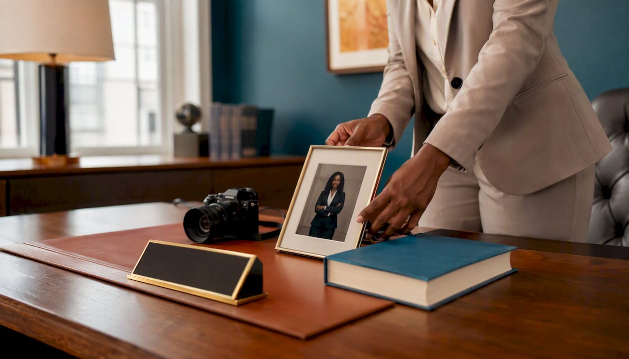 Hands arranging attorney headshot and branded items