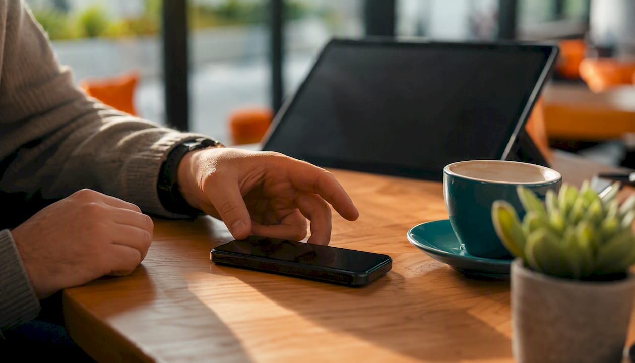 Hands near smartphone at marketing workspace
