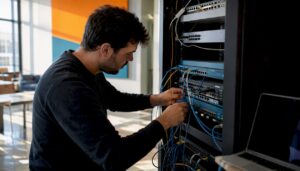 Developer adjusting network cables