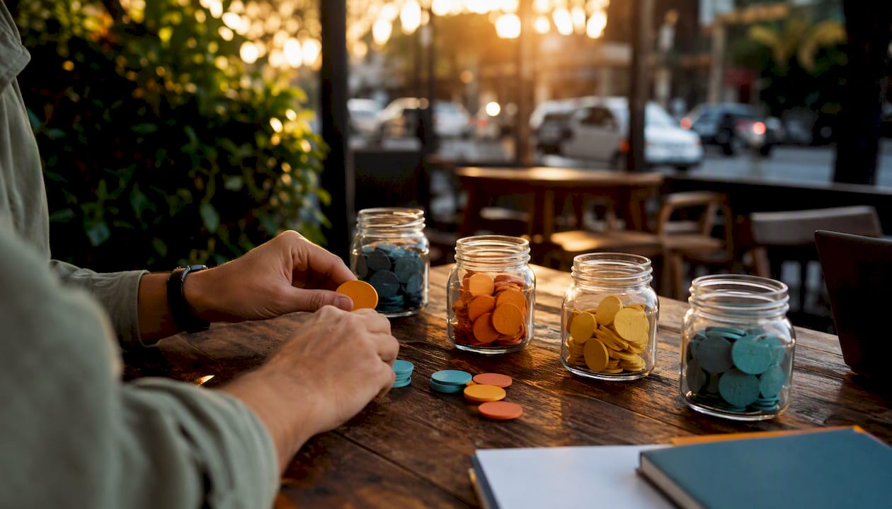 Hands adjusting marketing budget physical tokens