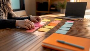 Hands arranging workflow sticky notes