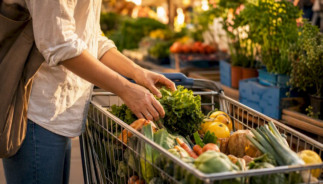 Hands placing aside shopping cart basket