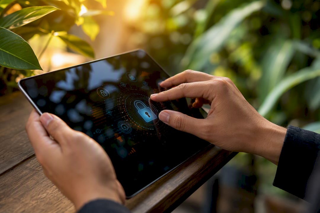 Hands securing data on digital device