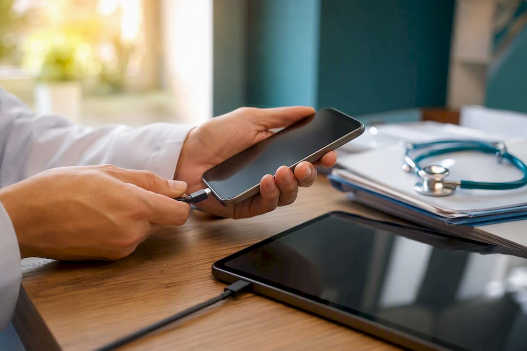 Hands connecting smartphone and tablet in healthcare