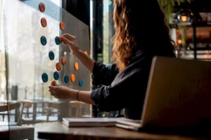 Hands arranging marketing strategy magnets on glass board