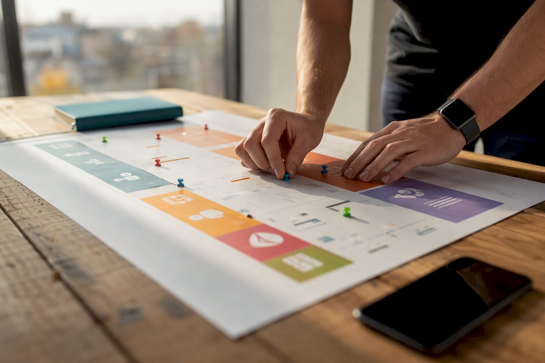 Hands placing pins on customer journey map
