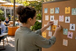 Hands arranging target account cards