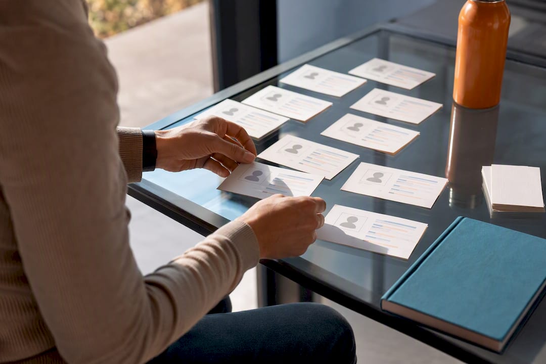 Hands sorting customer profile cards
