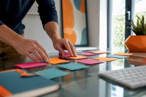 Hands organizing content strategy cards