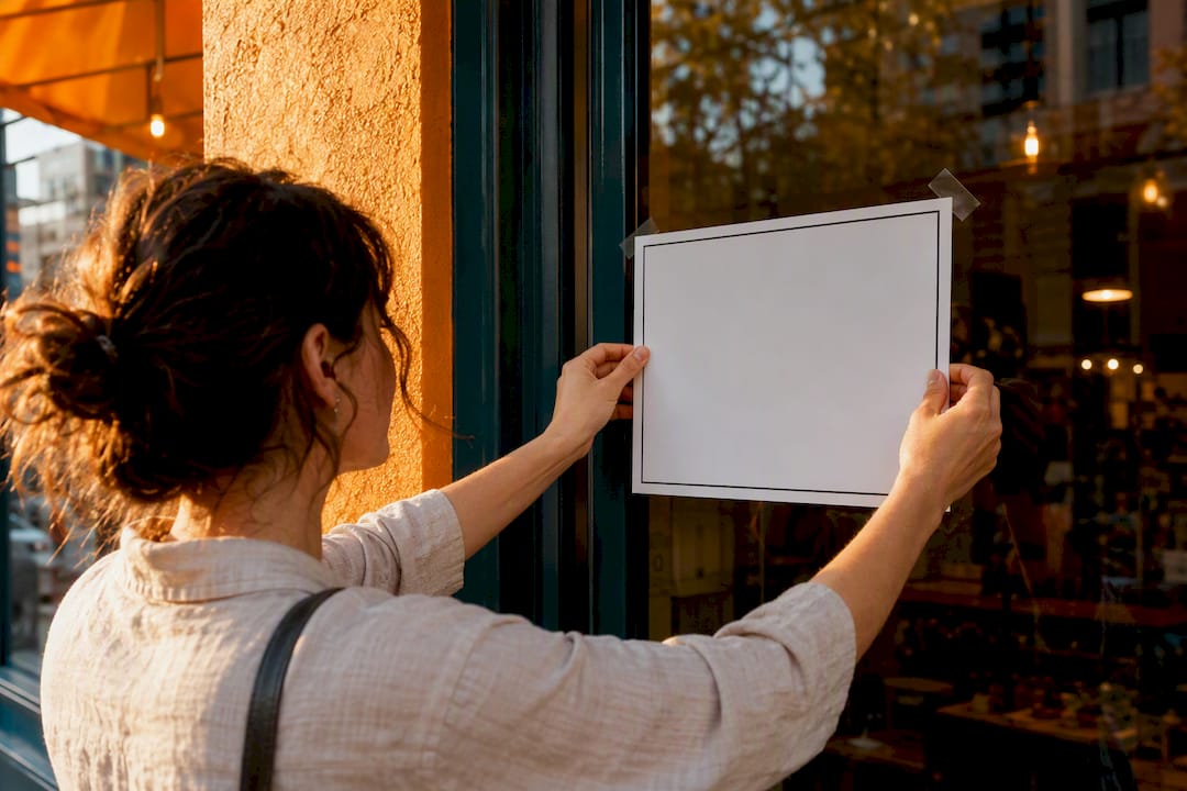 Hands placing business hours sign on storefront door