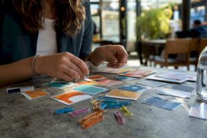 Hands arranging campaign planning cards on table