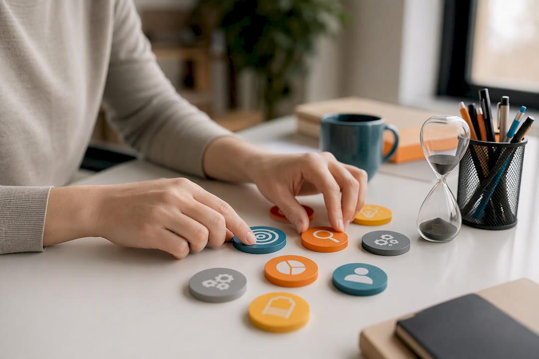 Hands placing KPI tokens on table