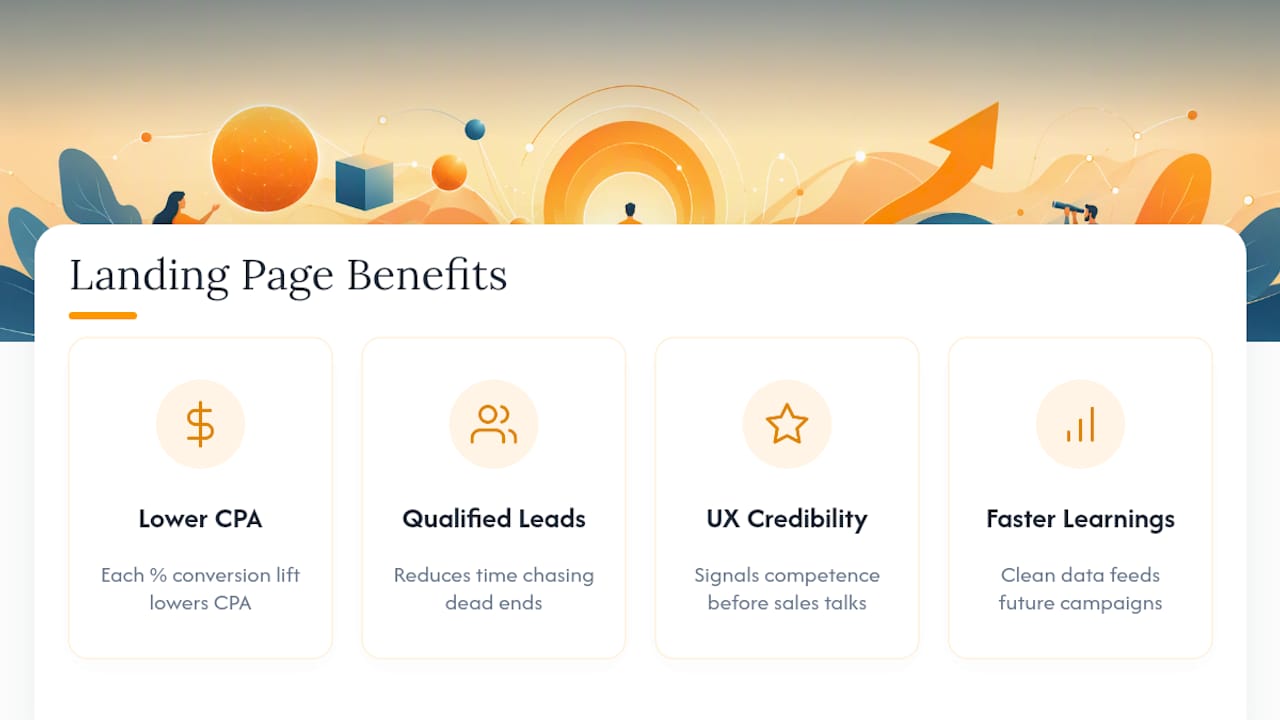 Diagram showing four key benefits of landing page optimization