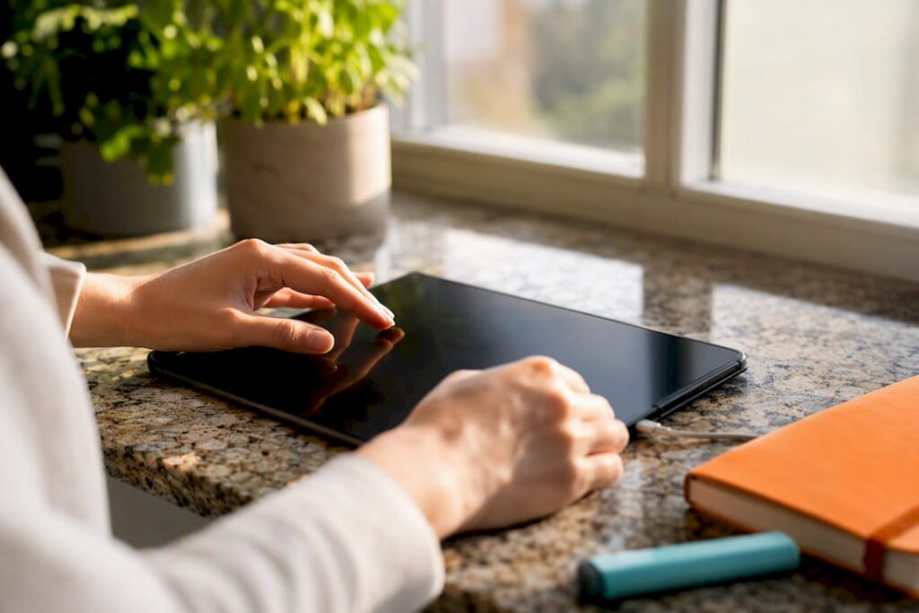 Hands adjusting SEO strategy tablet