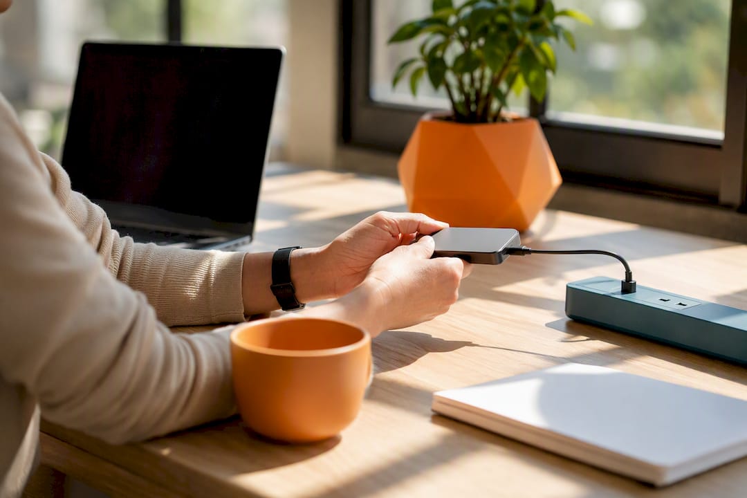 Hands plugging in AI SEO device