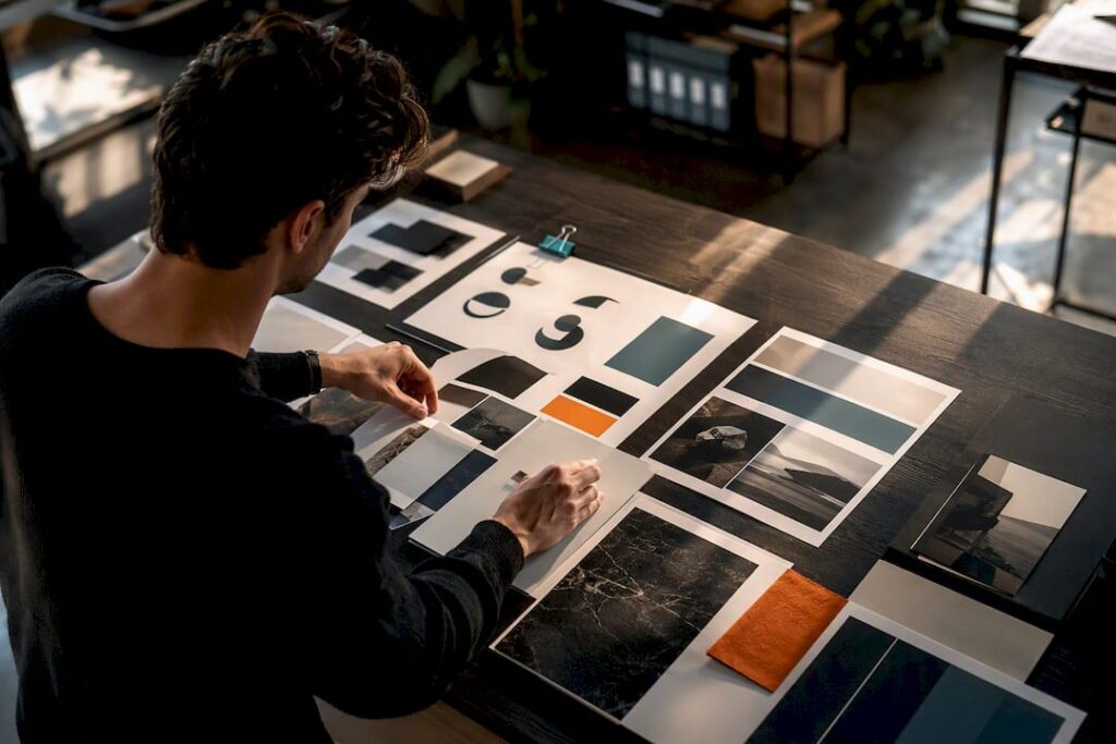 Brand identity materials arranged on design table