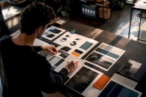 Brand identity materials arranged on design table