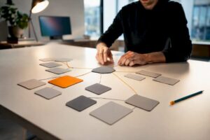 Strategist arranging linked content topic cards