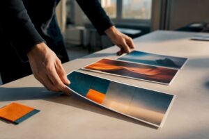 Hands comparing ad creative variants