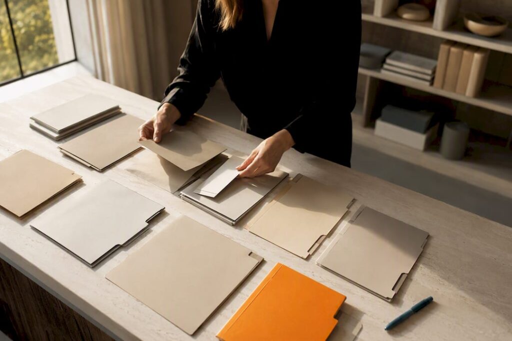 Hands auditing organized sales content folders